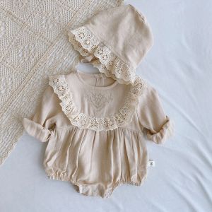 Jaquetas da criança rendas macacão 2022 verão retro bebê recém-nascido princesa meninas roupas de algodão primavera cor sólida infantil conjunto roupas + chapéus