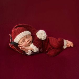 Ställer in romper nyfödda virkade kläder nyfödd jul baby foton fotoshoot outfit nyfödda foton rekvisita för fotografi bodysuit santa hatt