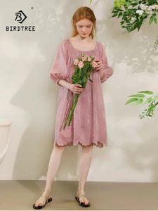 Casual Kleider BirdTree 30% echte Seide 70% Baumwolle Partykleid für Frauen Stickerei Laterne Ärmel Französisch Fee 2024 Sommer D42728QC