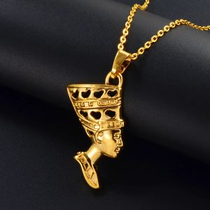Egyptian Queen Nefertiti Pendant Necklaces Jewelry 14k Yellow Gold African Popular Accessories