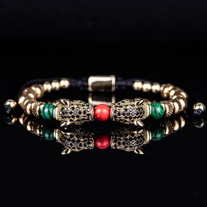 Trend Flechten Pflastern CZ Doppel Leopard Kopf Emaille Grün Rot Armband Edelstahl Männer Schmuck pulseras mujer 240219