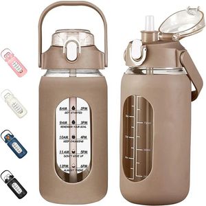 Water Bottles 64Oz Glass With Straw Bottle Silicone Sleeve And Time Marker For Gym Home Office