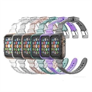 Designer Clear Glitter Watch Strap With Protective Case för Apple Watch Band 38mm 40mm 41mm 42mm 44mm 45mm Transparent TPU Sports Wristband för IWatch Series 8 SE 7 6 5 4