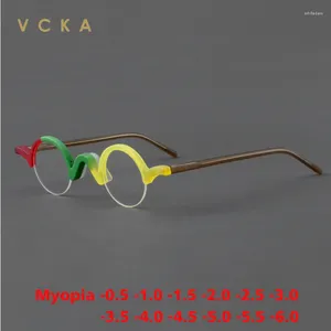 Sunglasses VCKA Retro Fashion Half Frame Men Women Round Acetate Myopia Glasses High-grade Optical Business -0.50 To -6.0