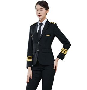 Abito uniforme della compagnia aerea Pilota femminile Capitano Uniforme Donna Cappello Cappotto Pantaloni Presenza aerea el s Manager Panno professionale9624604