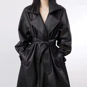 Frauen Leder Frühling Herbst Lange Übergroßen Schwarz Trenchcoat Für Frauen Schärpen Single Button Lose Stilvolle Koreanische Mode 2024