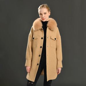 Enstrümanlar Lady Moda Uzun Kollu Yün Dış Giyim Gerçek Kürk Yakası Zarif Sonbahar 2021 Kadın Gündelik Gevşek Çarpma Yaka Yün Palto