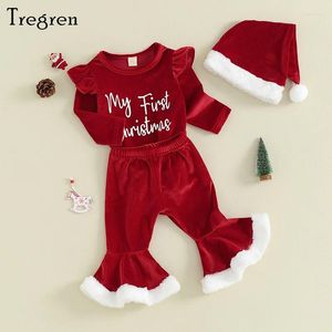 Clothing Sets Tregren 0-18M Infant Baby Girl Christmas Outfits Letter Print Long Sleeve Romper Flare Pants Hat 3pcs Set Toddler Clothes