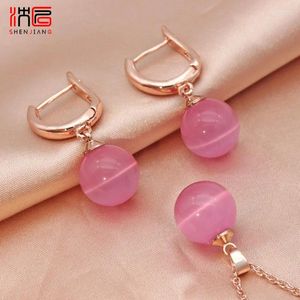 Necklace Earrings Set SHENJIANG Fashion Round Cat's Eye Beads Drop For Women Wedding 585 Rose Gold Color Pendant