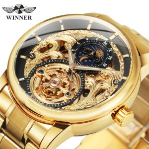 Uhren Winner Tourbillon Skeleton automatische mechanische Uhr für Herren Mondphase leuchtende Zeiger Gold Edelstahl Band Uhren