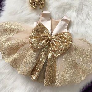 Abiti paillettes estive Bow Girl Dress Gold 1st First Birthday Princess Wedding Kids Dresses per Girl Bridemaids Abito da sera