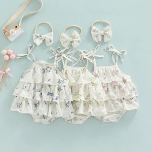 Strampler CitgeeSummer Säuglingsbaby-Bodysuit, ärmellos, mit Blumenmuster, mehrschichtig, plissiert, Overall, süße Schleife, Stirnband, Kleidung