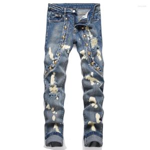 Jeans masculinos y2k rebite retalhos rasgados fino elástico lápis denim calças casuais de algodão streetwear motocicleta design