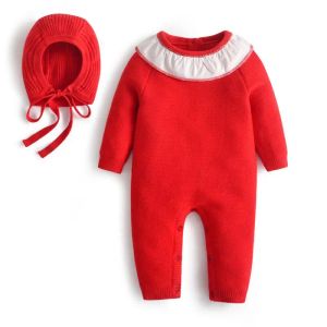 Zestawy 2022 Rompers z dzianinami z czapkami Nowonarodzony Knitt One Piece Topit Infant Red Knitwear Bodysuit Baby Girls Knit Romper