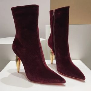 Primavera e outono inverno designer marca senhoras botas sapatos de cabelo apontado casamento salto alto 10cm sapatos femininos dançando botas curtas fábrica com caixa grande código