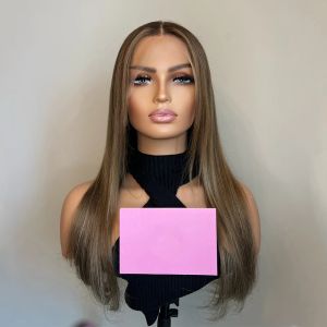 Peruvian Soft Hair Brown with Blonde Highlights Balayage Lace Frontal Wig HD 32 Inches Long Straight Lace Front Wig for Women