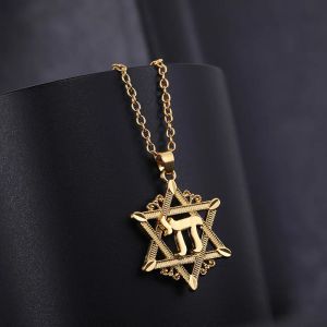 İsrail David Kolye Yıldızı 14K Erkekler İçin Altın Kolye Chai Sembol Kabala Yahudi Takıları Yahudilik Musluk Supernatural Mücevherat