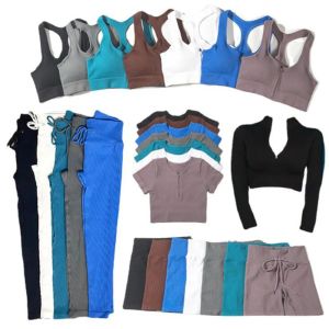 Abbigliamento 1/2/3/5 pezzi Abbigliamento da allenamento per donna senza cuciture Palestra Set da yoga Abbigliamento sportivo Fiess Crop Top Reggiseno sportivo Leggings Abbigliamento attivo Completo completo