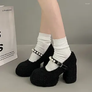 Dress Shoes Luxury String Bead Mary Janes Women Spring High Heels 2024 Platform Fur Lolita Chunky Zapatos Pumps Female