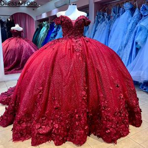 Red Quinceanera Dresses Ball Gown Off Shoulder Lace Appliques Crystal Beads Flowers Long Sleeves Tulle Ruffles Puffy Party Dress Prom Evening Gowns