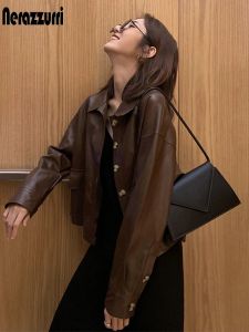 Jackets Nerazzurri Autumn Short Brown Oversized Leather Jacket Long Sleeve Pockets 2022 Spring Light Soft Faux Leather Jackets for Women