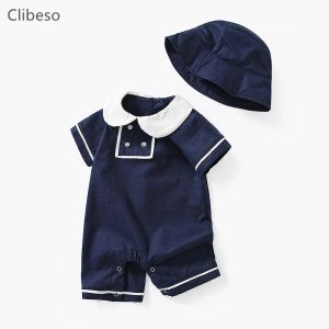 Jackor sommar baby bodysuits spädbarn peter pan krage romer med hatt småbarn kort ärm jumpsuits marinblå baby pojke flicka kläder