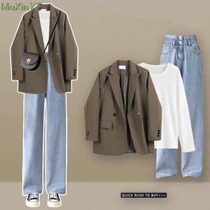 Frauen Frühling Herbst Blazer T Shirts Denim Hosen 1 oder 3 Stück Set Koreanische Dame Casual Anzug Jacken Weiße Tops jeans Outifts 240228