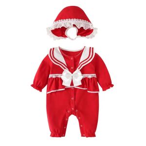 Jaquetas Cekcya Coreano Menina Bebê Vermelho Bodysuits Infantil Princesa Romper com Chapéu de Renda Macacão Recém-nascido Meninas Aniversário Ano Novo Outfits