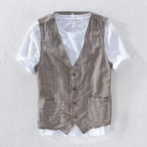 Men Vintage Vest Slim Linen Cotton Blazer Male Casual Thin Striped Suit Waistcoat Clothing Asian Size M3XL 240228