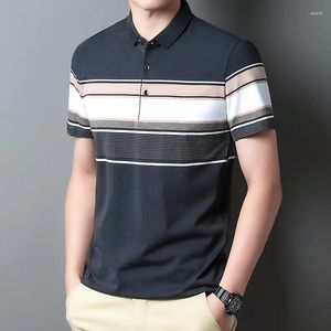 Polos masculinos de negócios casuais listrados emendados camisas polo verão elegante cores contrastantes roupas básicas manga curta camisetas coreanas