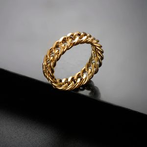 Punk Chunky Chain Cuban Curb Link 14k Gold Ring 6mm Thick Hollow Waterproof Colorfast Hand Rings For Women Men Jewelry