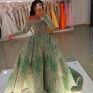 2024 ASO EBI Dark Green A-Line Prom Dress Crystals pärlor Evening Formell Party Second Reception 50th Birthday Engagement Gowns Dresses Robe de Soiree ZJ79