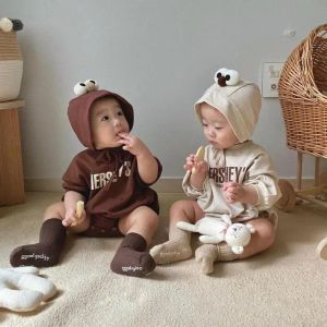 Jackets Spring Autumn New Baby Boy Letter Print Long Sleeve Bodysuit + Cute Big Eyes Hat 2pcs Baby Girl Outfits Cotton Toddler Jumpsuit