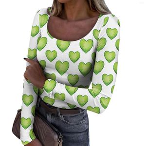 Camiseta feminina outono e inverno fino ajuste base camiseta elegante casual dia de são patrício impressão u-pescoço pulôver manga comprida topo