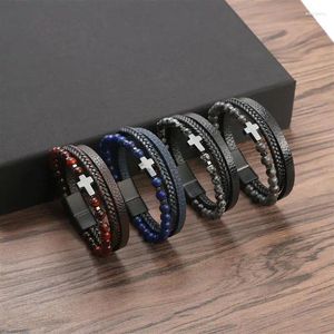 Urok Bracelets Fashion Cross Wiselant Multilayer skórzana bransoletka dla mężczyzn Kobiet Klasyczna chrześcijańska modlitwa świąteczna Prezent