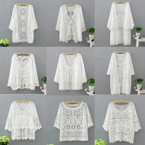 Camisa feminina roupas de manga longa renda xale encolher bolero jaqueta praia camisas oco cabo elegante topos casamento nupcial verão camisas