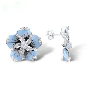 أقراط مسمار Buyee 925 Sterling Silver Silver Engant Engant Light White Zircon Monamel Flower Flower for Women Girl Fashion Jewelry