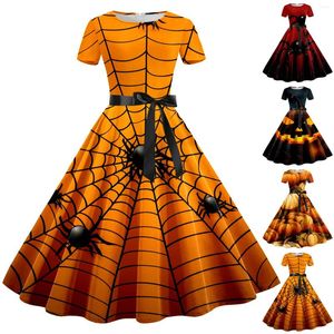 Casual Dresses Women Halloween Dress Spider Fancy Pumpkin Print Short Sleeve A-Line Swing Evening Party Prom 50S Vintage Clothes