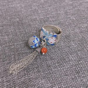 Cluster Rings S925 Sterling Silver Burning Blue Lotus Ball Tassel South Red Ring Female Retro Ethnic Style Wide Face Personality Throwing