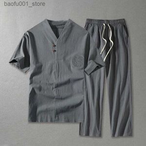 Men's Tracksuits Mens plus size track and field suit mens summer set linen t-shirt fashionable mens Chinese style 3XL 8XL 9XL large two-piece set Q240228