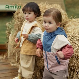 Куртка для малышей Amila, весенняя модная лоскутная повседневная верхняя одежда с капюшоном, милая брендовая детская одежда для маленьких девочек и мальчиков 240220