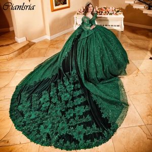 Emerald Green Glitter Crystal Beading Ball Gown Quinceanera Dresses Long Sleeve Appliques Lace Corset Vestidos De 15 Anos