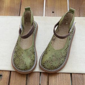 신발 우아한 녹색 발레 아파트와 발목 스트랩 여자 컷 아웃 로퍼 소녀 여름 통기성 Mary Jane 신발 여자 넓은 발가락 loafer