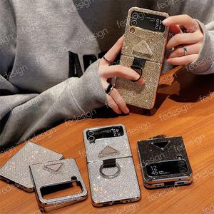 Luxury Designer Samsung Folding Screen Phone Case Galaxy Z Flip3 4 W23 Full Flip Flash Diamond Cases Fashion Couple Silver Cellphone Covers