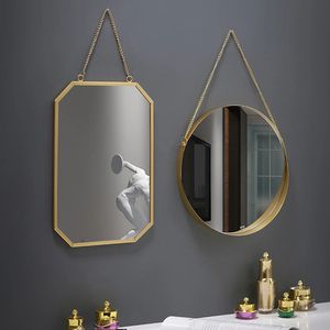 Round Decorative Glass Mirrors Home Decor Bathroom Vanity Chain Hexagon Wall Hanging Makeup Mirror Art Interior Decoration 240219