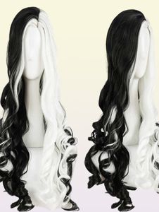 Cruella deville de vil cosplay perucas 75cm longo encaracolado meio branco preto resistente ao calor boné de cabelo sintético y09138415511