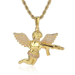 Hip Hop Revenge Angel Pendant Necklace Jewelry Full Charm White Zirconia Crystal Winging Angel with Gun264K