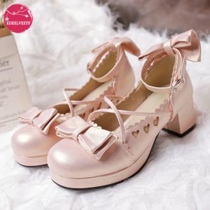 Sapatos femininos mary janes bombas bonito laço princesa lolita sapatos de salto alto bowknot vestido sapatos para meninas escola ouro festa casamento japão