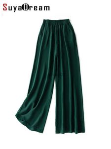 Women's Jeans SuyaDream Women Wide Leg Pants 100%Real Silk Solid Elastic Waisted Ankle-length 2022 Office Spring Autumn Chic Trousers Black