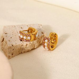 Hoop Earrings Trend 18K Gold Plated Stainless Steel Pink Stone Imitation White Pearl Paved Huggie For Women Waterproof Small Hoops